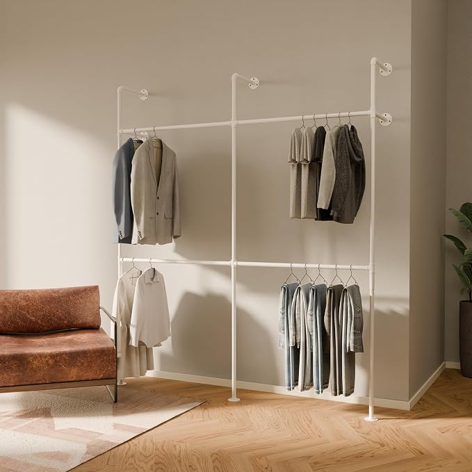 pamo Industrial Clothing Rack Wall Mounted White – 79" W × 87" H, 660 lbs | Heavy Duty Pipe Closet System in White Powder Coated Steel, Scratch-Resistant, Double Rod, Easy Assembly, Closet Organizer
