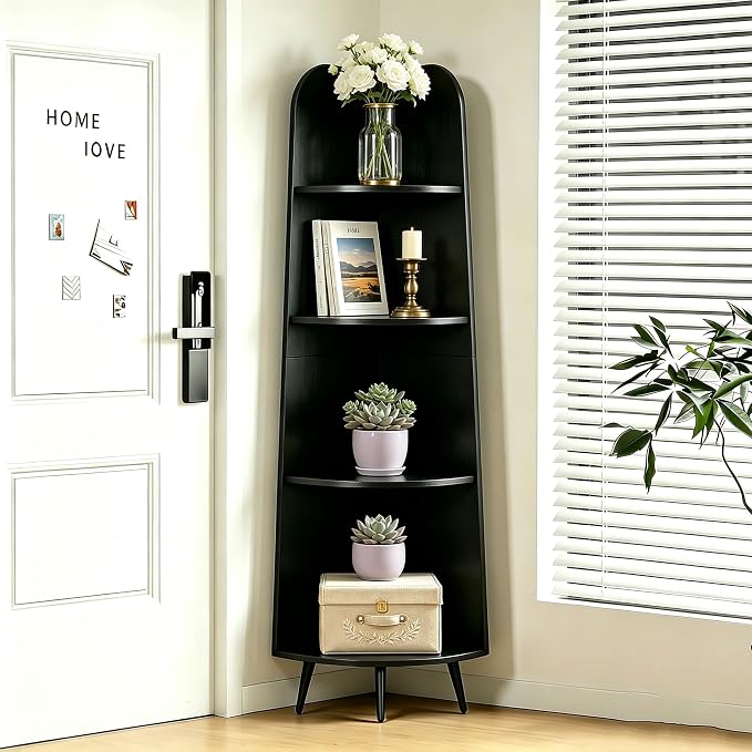 VECELO 4-Tier Curved Corner Shelf, 66.93" Tall Freestanding Corner Bookshelf, Narrow Vertical Corner Display Rack with 17.32" Spacious Open Tiers for Bedroom Living Room Small Spaces, Black
