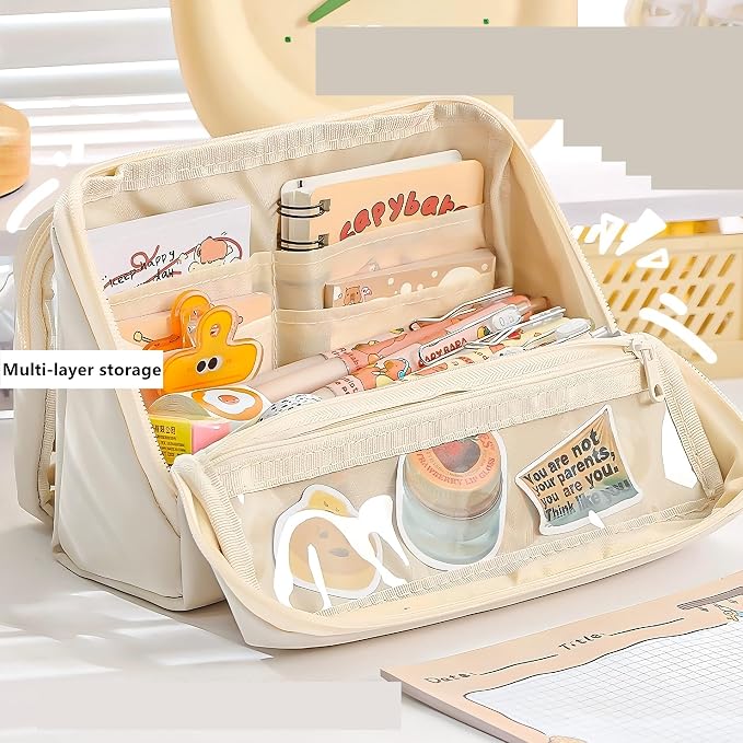 Large Pencil Pouch Big Pencil Case Big Capacity Aesthetic Pen Cosmetic Bag Pen Stationery Organizer Simple, College Office Home Travel Storage Bag (Brown)
