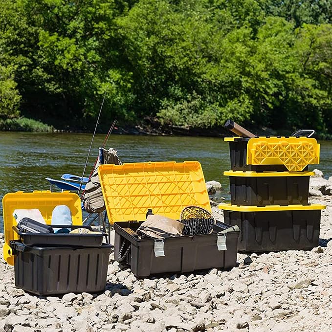 HOMZ Durabilt Heavy Duty Storage Container | 27 Gallon | Flip Lid & Stackable | Durable Tote | Black Base with Yellow Lid, 2 Pack | Heavy-Duty Large Stackable Container Boxes for Home, Attic, and Garage Organization
