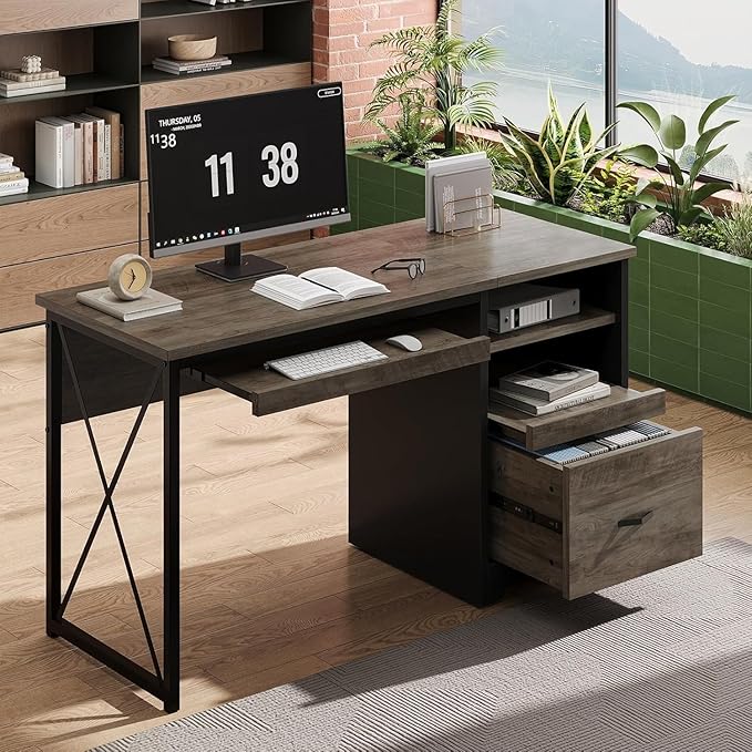 Bestier 47" Office Desk with Drawers, Industrial Computer Desk with Drawer, Reversible Teacher Desk with Storage & Keyboard Tray for Small Space Home Office & Studio, Gray Wash | 47 Inch Desktop With File Drawer, Open Storage, Keyboard Tray And Reversi...