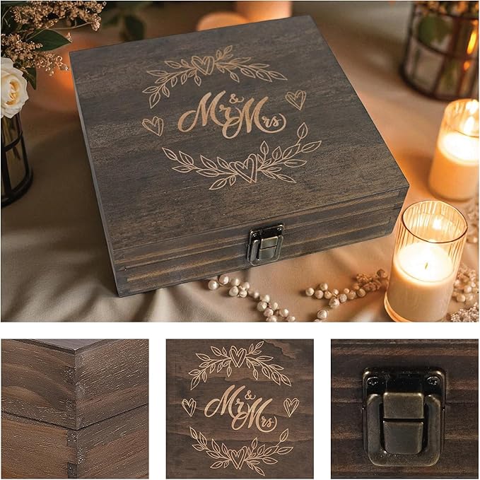 Mr and Mrs Wedding Memory Box- Wooden Keepsake Box with Lid for Couples, Rustic Storage Box for Cards, Photos & Mementos, Wedding Anniversary & Engagement Gift- 8.5 x 8 x 2.4 Inches