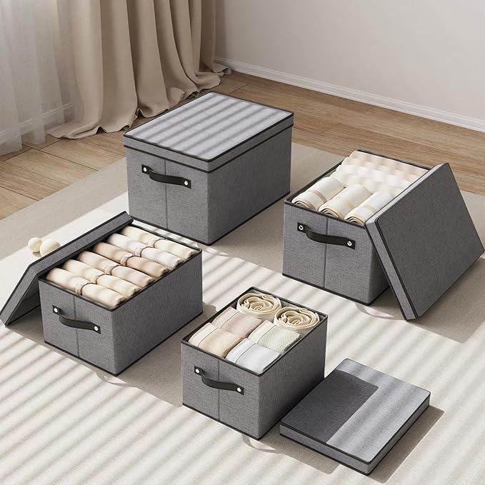 Storage Bin with Lid, 15 x 9.8 x 8.3 Inch Storage Box for Organizing with Handles, Decorative Linen Closet Organizer, Gray, 1-Pack
