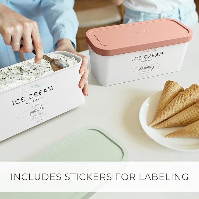 Reusable Ice Cream Containers Set of 2 - Sturdy 2 Quart Tubs with Lids | Perfect for homemade sorbet, frozen yogurt or gelato - stackable storage tubs with stickers store easily in your freezer