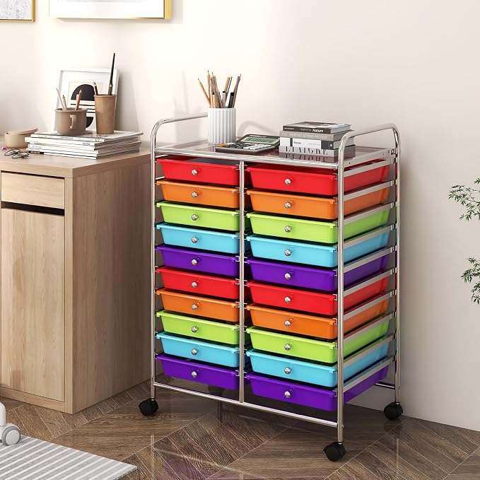 LDAILY 20-Drawer Rolling Storage Cart, Rolling Storage Cart, Storage Organizer on Wheels, Metal Frame, Scrapbook Paper Tools, Suitable for Office School, Classroom (Multicolor, 20 Drawer)