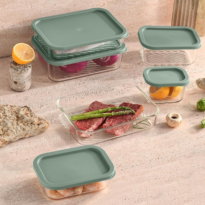 EATEX 7 Pack Glass Meal Prep Containers with Grooved Base, 7 Stackable BPA Free Glass Storage Containers with Lids for Lunch, Pantry, and Kitchen - Microwave, Dishwasher Freezer & Oven Safe - Sage