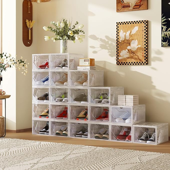 AWTATOS Shoe Storage Boxes, Fit up to US Size 15, 6 Pack | Stackable Shoe Organizer, Thickened Shoe Container with Magnetic Door, Shoe Rack for Entryway, Closet, Under Bed, Clear