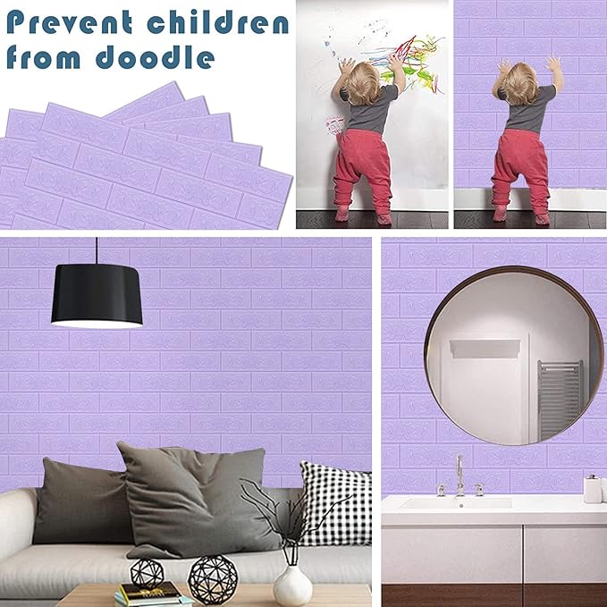 3D Wall Panels, 14.5 sq.feet Coverage, Printable Wallpaper Sticker with Self-Adhesive Waterproof Brick PE Foam Wall Panels Peel and Stick for Interior Wall Decor, Home Decoration 10 PCS Purple