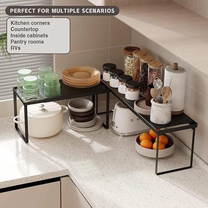 Magheo Expandable Kitchen Countertop Organizer, 2 Pack Stackable Cabinet Shelf Risers, Metal Spice Rack Heavy Duty Counter Organizer Storage for Kitchen, Pantry, Cupboard, Rv (8.7in Height,Black)