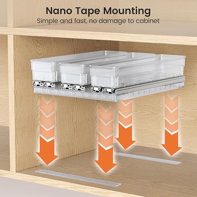 Mystozer Pull Out Spice Rack Organizer for Cabinet, Slide Out Spice Racks Organizer, Easy to Install Spice Cabinet Organizers, 8.5''Wx10.5''Dx8.3''H, 3 Drawers - 2 Tiers (Clear)