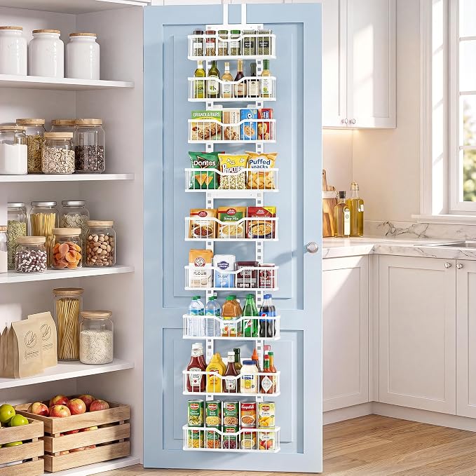 EVERIE Over the Door Pantry Organizer, 9-Tier Heavy Duty Door Storage Rack with Solid Bottom Baskets, Stable No-Bumping Design, Adjustable Hanging Shelves for Kitchen Pantry