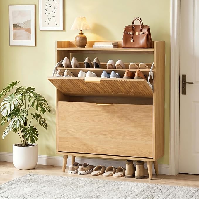 BERRYMERRY 30" Narrow Shoe Storage Cabinet with 2 Flip Drawers and Wave Fluted Design for Hallway Entryway Living Room Foyer (Fluted Natural 2 Drawer)