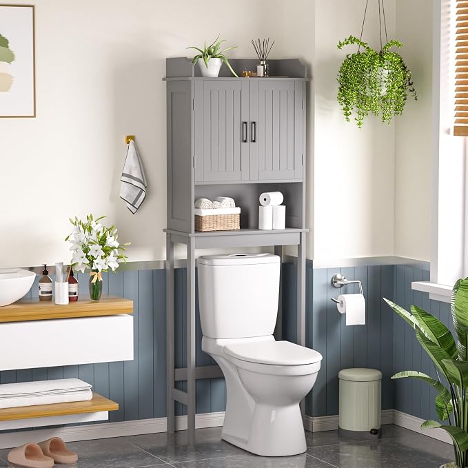 Yardenaler Over-The-Toilet Storage Shelf with Doors, Bathroom Freestanding Organizer Space Saver with Adjustable Shelf, Gray
