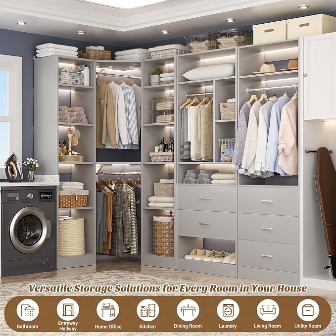 Besiost Corner Closet System with 5 Drawers, Closet Organizer System with 15+Shelvess & 4 Hanging Rods, 63.2"L * 63.2"W / 87.2"L * 39.2"W Reversible L Shaped Walk-in Closets, Load 2500+LBS, Grey