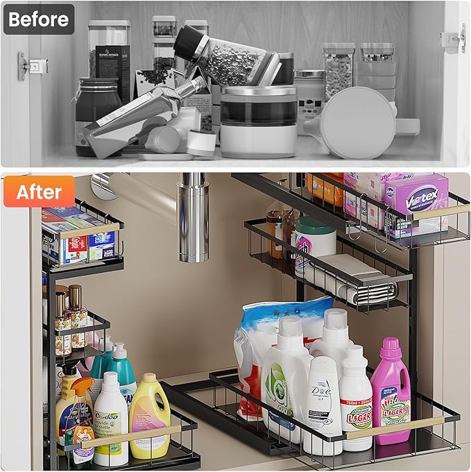 Under Sink Organizer and Storage for Bathroom and Kitchen - 2 Pack 3 Tier Under Cabinet Pull Out Shelf Organizers - Slide Out Drawer Organization for Home Cabinets Shelves and Drawers