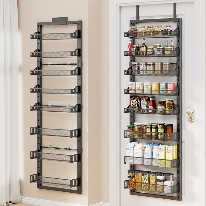 8 Tier Pantry Door Organizer, 2 IN 1 Over the Door Pantry Organizer with Metal Adjustable Baskets,Spice Rack Wall Mount or Door Organizer, Door Spice Rack for Pantry
