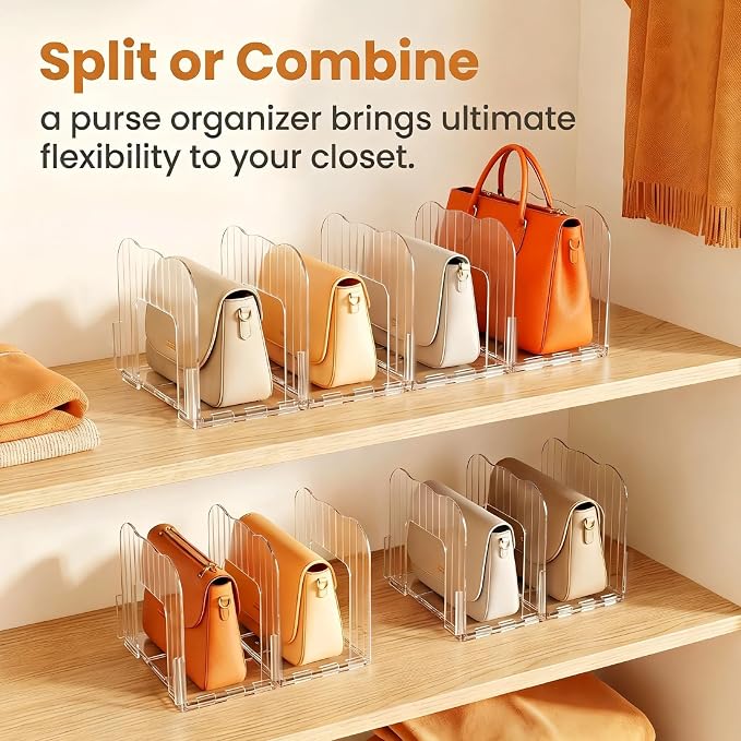 2 Pack Purse Organizer for Closet Clear Acrylic Shelf Dividers for Large Small Bag Pocket Book Clutch, Expandable Handbag Organizer for Display & Storage, 8-Slot Purse Holder Max Length 24''