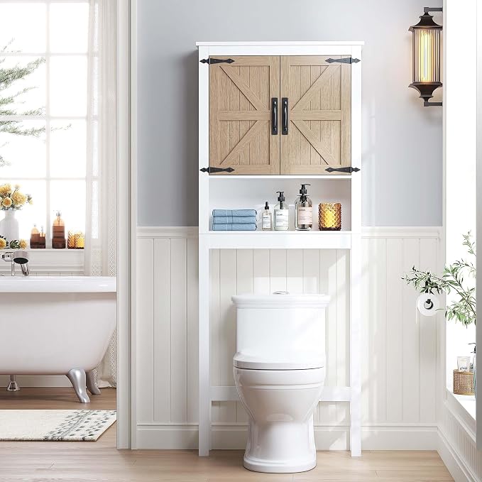 Spirich Over the Toilet Storage Cabinet with Wood-Grain Barn Doors, White | Adjustable Shelves, 33-Inch Toilet Clearance, Adjustable Bottom Rail, Anti-Tip Device, Farmhouse Style, FSC-Certified Wood