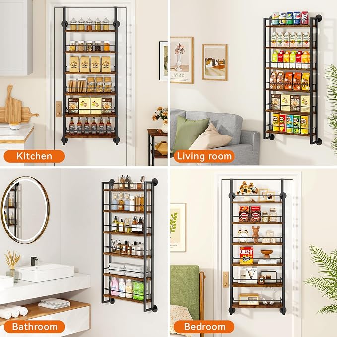 IBUYKE Over the Door Spice Organizer,Door or Wall Mount,Brown TLJ028H | 6 Tier Wall Mounted Spice Rack Adjustable Hanging Storage Shelves Spice Organization for Kitchen cabinet Bathroom Closet