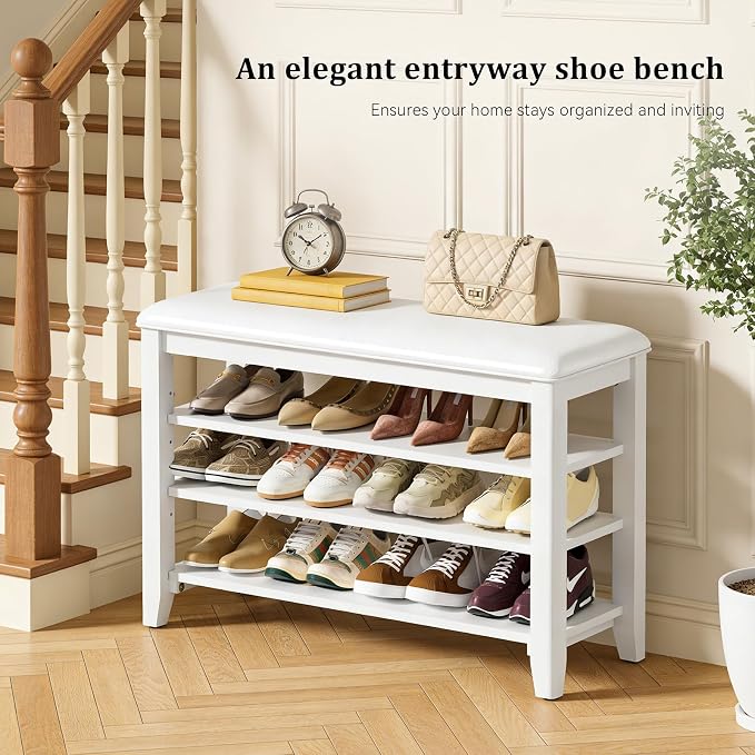 Taitiy Entryway Shoe Storage Bench, Shoe Organizer Bench for Entryway, Ideal for Hallways Front Doors Entrances Mudrooms Featuring Rubberwood and 3 Height-Adjustable & Removable Shelve