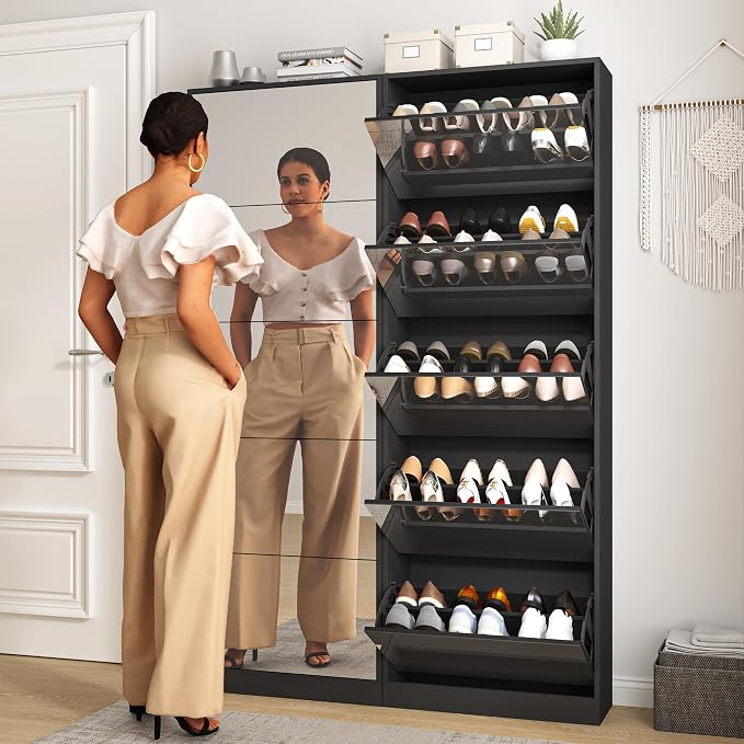 Mirrored Shoe Storage Cabinet with 5 Flip Drawers, 30 Pairs | Real Glass Mirror | Fits Men's Size 15 | Narrow Floor Standing | Entryway Organizer | Space-Saving | Black