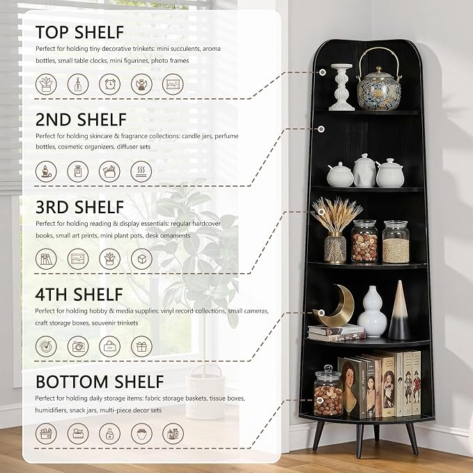 VECELO 5-Tier Curved Corner Shelf, 66.93" Tall Freestanding Corner Bookshelf, Wood Grain Narrow Corner Storage Display Rack with Wooden Legs for Living Room Bedroom Small Space, Natuarl Wood
