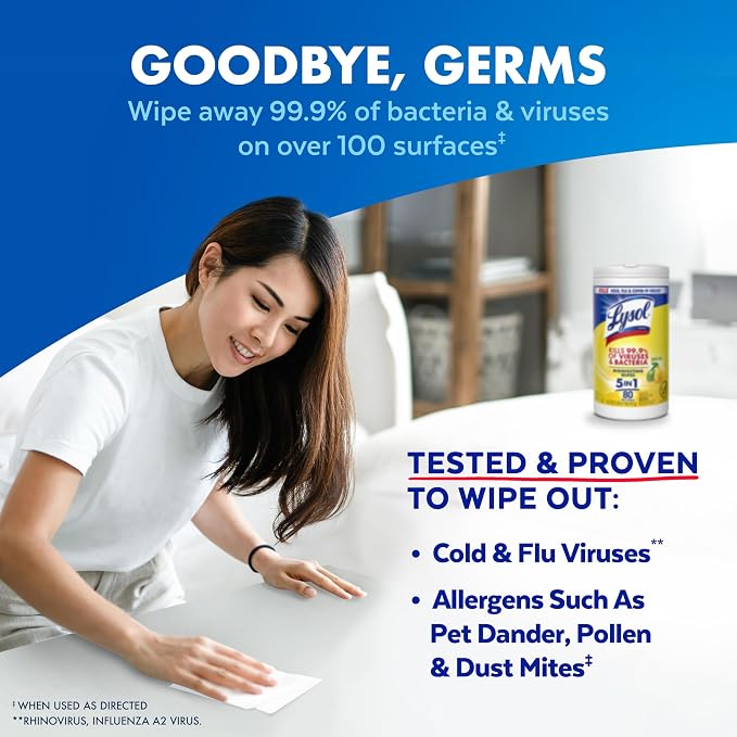 Lysol Disinfecting Wipes, Multi-Surface Cleaner, Lemon, 80 ct. | All Purpose Cleaner, Sanitizing, Deodorizing, Apartment Essentials, Back To School Cleaning Supplies, Kitchen & Bathroom Wipe