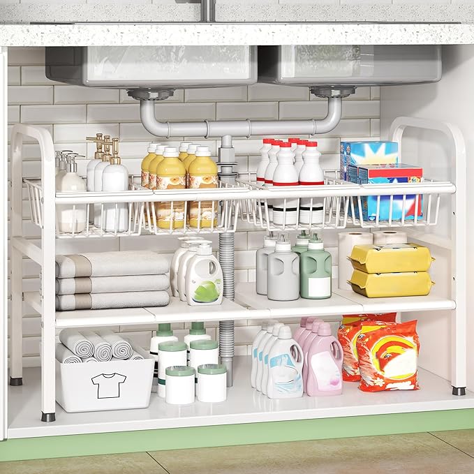 Under Sink Organizer 2 Tier,Height Adjustable Kitchen Cabinet Organizer with 4 Panels and 4 Baskets,Expandable Under Sink Shelf,for Kitchen,Bathroom, Laundry Pantry Cabinet,Apartment,White