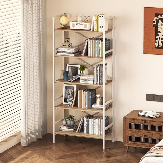 Homeiju Folding Bookshelf,5 Tier Bookcase Foldable Shelf with X-Bracket Design, Adjustable Feet, Space Saving Storage for Living Room, Office, Light Coffee