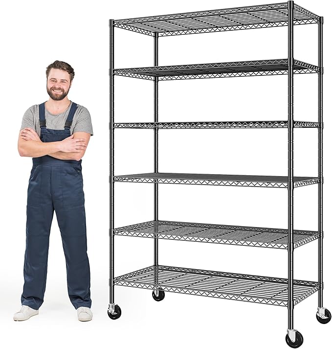 Romorgniz 6-Tier Rolling Storage Shelves, 82" H x 45" W x 18" D Adjustable Wire Shelving Unit with Locking Wheels, Heavy-Duty Metal Rack for Garage, Pantry, Kitchen, Basement – Black