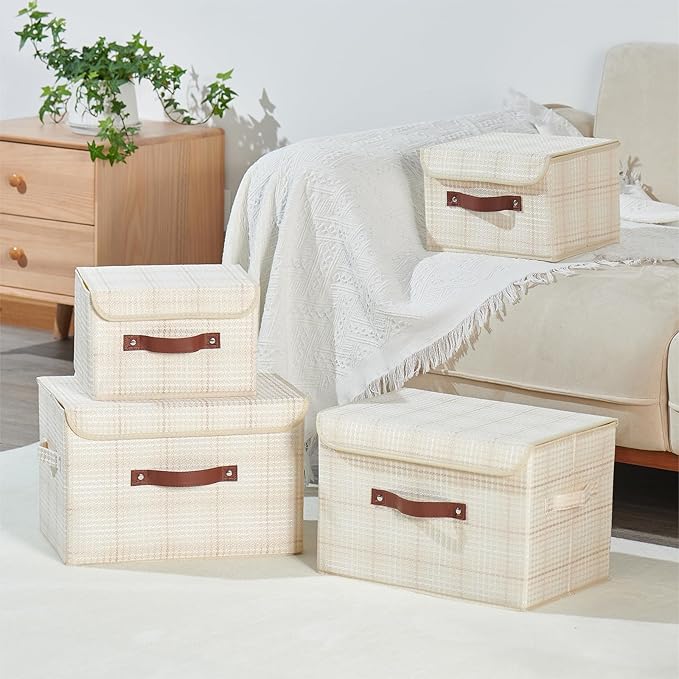 Storage Boxes with Lid 3D Textured Fabric Storage Bins Organizer Containers Decorative Collapsible Washable Shelf Baskets Faux Leather Handles for Home Bedroom Closet (Beige, Small Size)