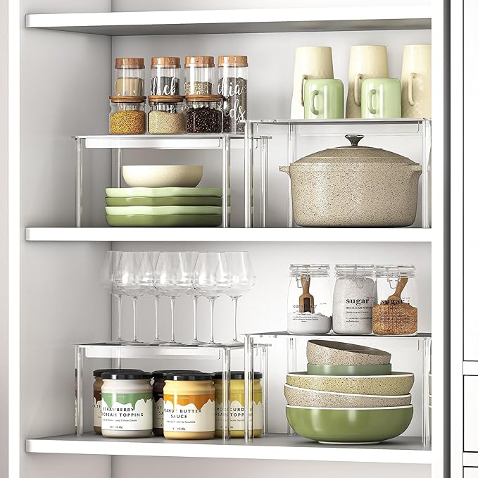 Delamu Clear Kitchen Cabinet Organizer, Set of 2 Acrylic Shelf Organizer for Cupboard Organizers and Storage, Stackable Cabinet Shelf for Plate, Dish, Bowl, Cup & Mug, 11.7" W x 7.7" D x 6.3" H