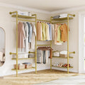 L3 Wall Mounted Metal Pipe Closet System Heavy Duty Corner Garment Rack | Max Load 950LBS with 4 Telescopic Rods & 6 Wire Shelves Gold Industrial Modular Clothing Clothes Rack Wardrobe Closet