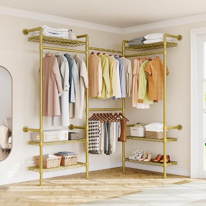 L3 Wall Mounted Metal Pipe Closet System Heavy Duty Corner Garment Rack | Max Load 950LBS with 4 Telescopic Rods & 6 Wire Shelves Gold Industrial Modular Clothing Clothes Rack Wardrobe Closet
