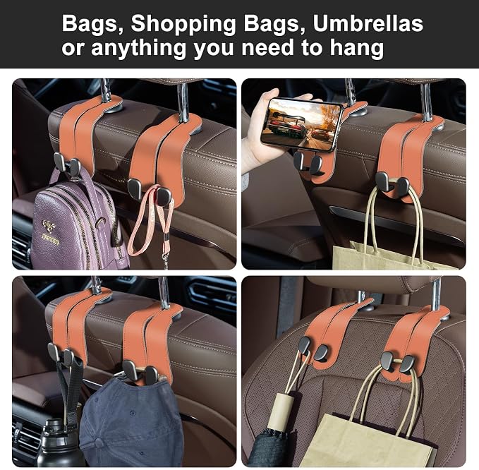 CoBak Purse Hook for Car - Universal Premium Stitched Leather and Aluminum-Magnesium Alloy Double Car Seat Back Storage Hook for Purses, Handbags, Bags (2 Pack),Coral Orange