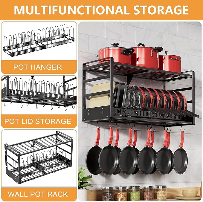 31 Inch Pot Rack Wall Mounted, 2-Tier Pots and Pans Organizer with 20 Hooks & Pan Organizer and Spice Rack, Heavy Duty Hanging Pot Hanger for Kitchen (with Multi Slots & Pot Lid Holder)