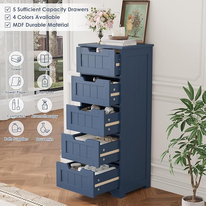 FOTOSOK Bathroom Cabinet, Bathroom Storage Cabinet with 5 Drawers, Wooden Storage Cabinets with Cut-Out Handles, 11.8” x 15.7” x 40.1” Bathrooms Floor Cabinets for Hallway/Living Room, Blue