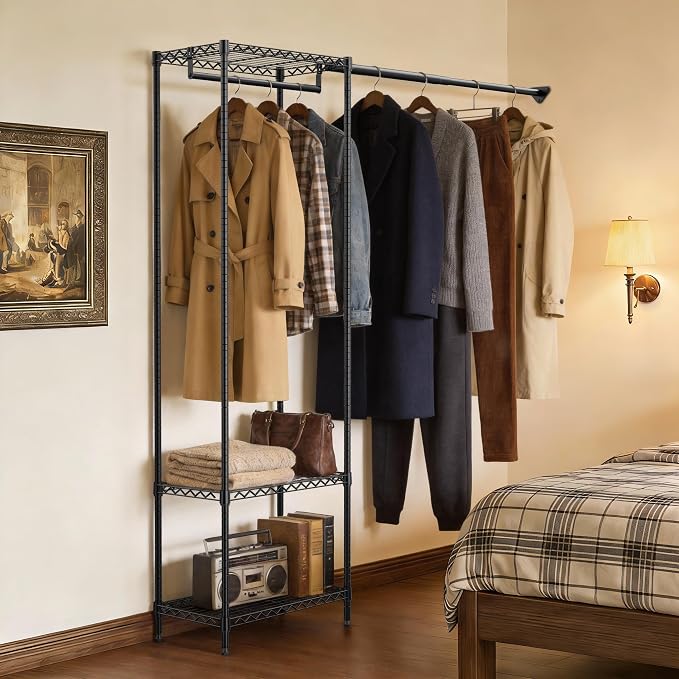 MZG Closet Organizer System, Freestanding Closet Storage System with Expandable Hanging Rod & Wire Shelves, No-Drill Closet Kit for Small Spaces, Bedroom & Apartment (13.8"D x 63.3"W x 82.4"H)