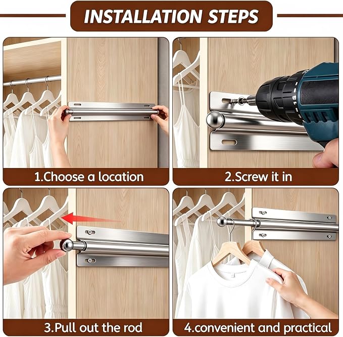 12 Inch Valet Rod for Closet Pull Out, Clothing Organizer (Silver, 1 Pack) | Stainless Steel, Holds Up to 30 Lbs, Resistant to Deformation, Fading & Rust, Easy to Install, Hidden and Space-Saving