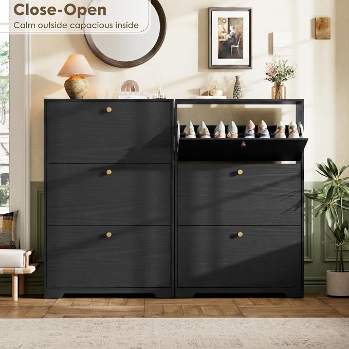 Nicetree Shoe Cabinet with 3 Flip Drawers, Narrow Shoe Organizer Cabinet, Freestanding Shoe Rack Cabinet, Modern Shoe Storage Cabinet for Entryway, Hallway, Foyer, Black