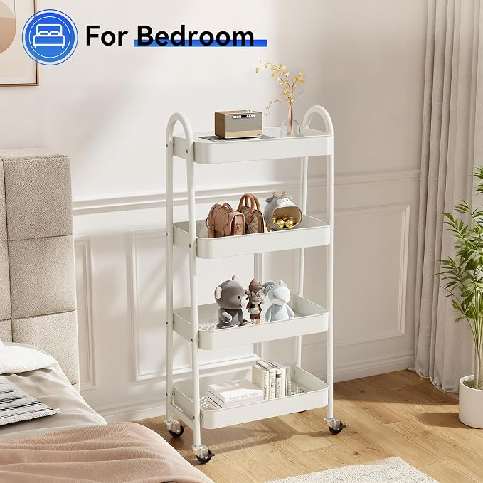 NEWBULIG 4-Tier Metal Rolling Storage Cart, Heavy Duty Mobile Utility Organizer Shelf with Lockable Wheels, Multifunctional Trolley for Daily Supplies, Home Indoor Daily Use, White