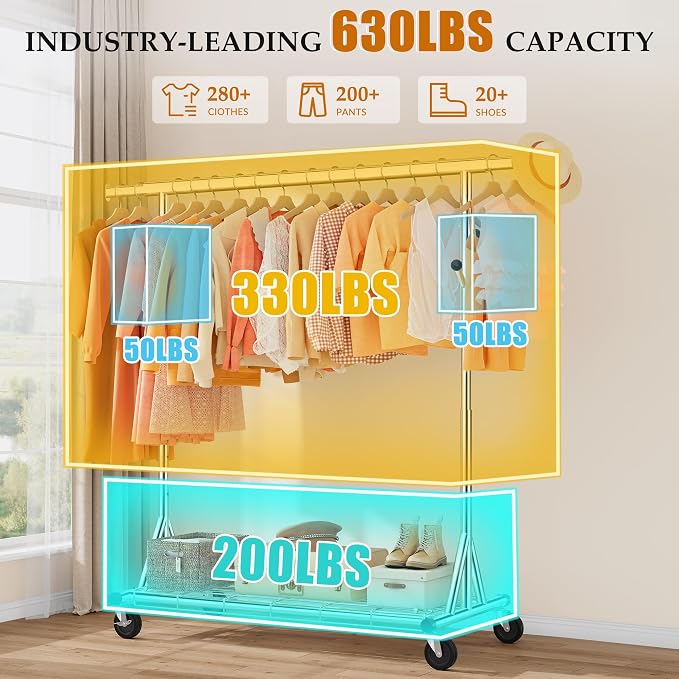 Gewudraw Clothes Rack Heavy Duty 630 LBS Capacity-Rolling Clothing Rack | Clothing Rack with Wheels,Shelf, Collapsible/Adjustable Height/Extendable, Portable Garment Rack For Wardrobe, Bedroom,Chrome