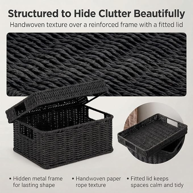 Wicker Storage Basket with Lid - Woven Basket for Storage,Rectangular Decorative Boxes Bins with Lids for Shelves,living room, Nursery, 3 baskets+1 lids(Black)