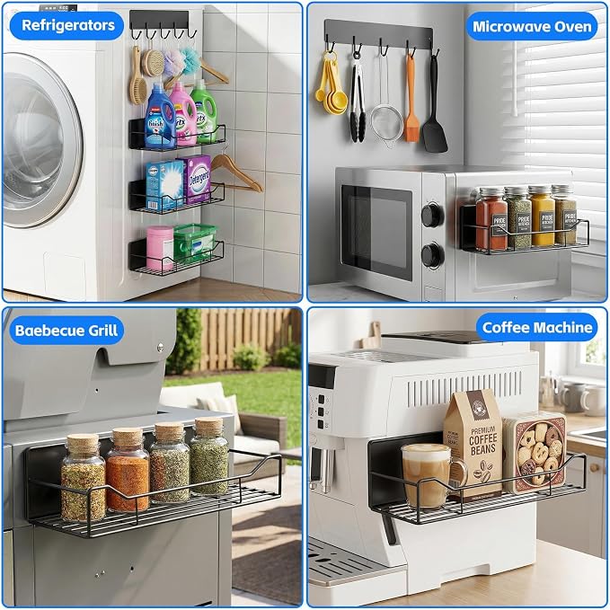 5 Pack Multifunctional Magnetic Shelves for Refrigerator Spice Rack & Washing Machine Organize (V style, Black)