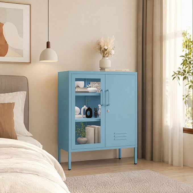 Lockable Metal Storage Cabinet Locker Adjustable Shelves, Multifunctional Versatile Storage Lockers, Easy Assembly Durable Metal Sideboard Furniture for Bedroom Home Office Blue
