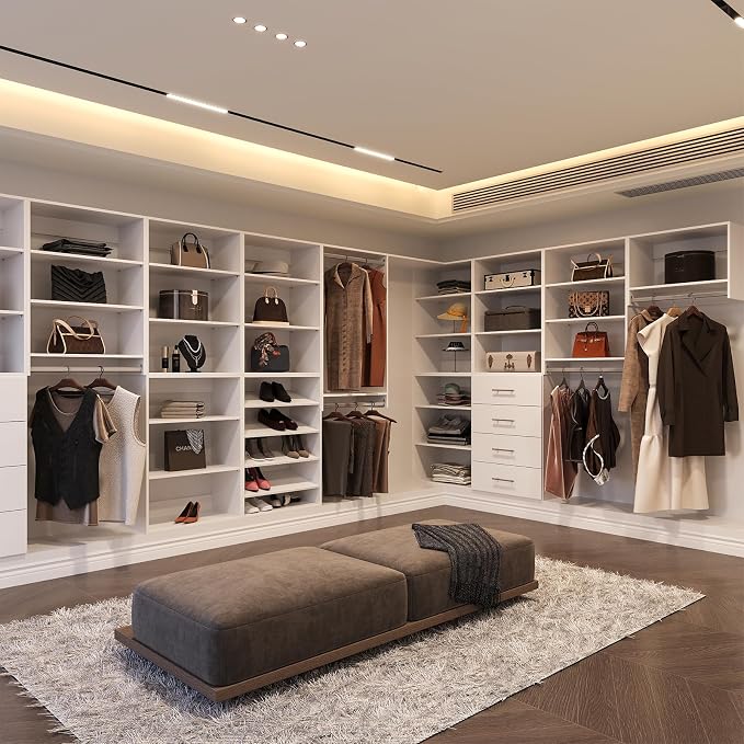 Modular Closet System, 78" Wide Closet Organizer System with Towers and Hanging, Wood Closet Tower Storage for Walk In Closets, Wall Mounted Wardrobe Organizer Kit System, Bedroom, White