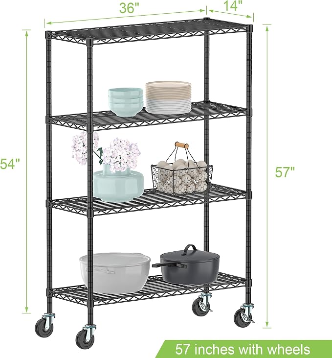 4 Tier Wire Metal Shelving Rack Garage Storage Rolling Shelves with Wheels | Heavy Duty Adjustable Industrial Shelving Steel Wire Organizer Rack for Kitchen Garage Pantry Office Bathroom