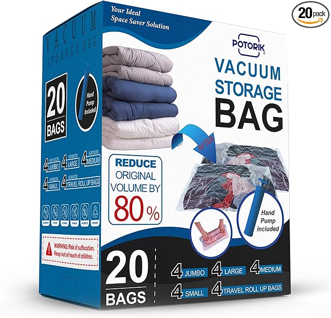 Vacuum Storage Bags, 20 Pack (4 Jumbo/4 Large/4 Medium/4 Small/4 Roll) – Space Saver Compression Bags for Clothes, Comforters & Blankets – Durable Double-Seal Vacuum Bags with Hand Pump