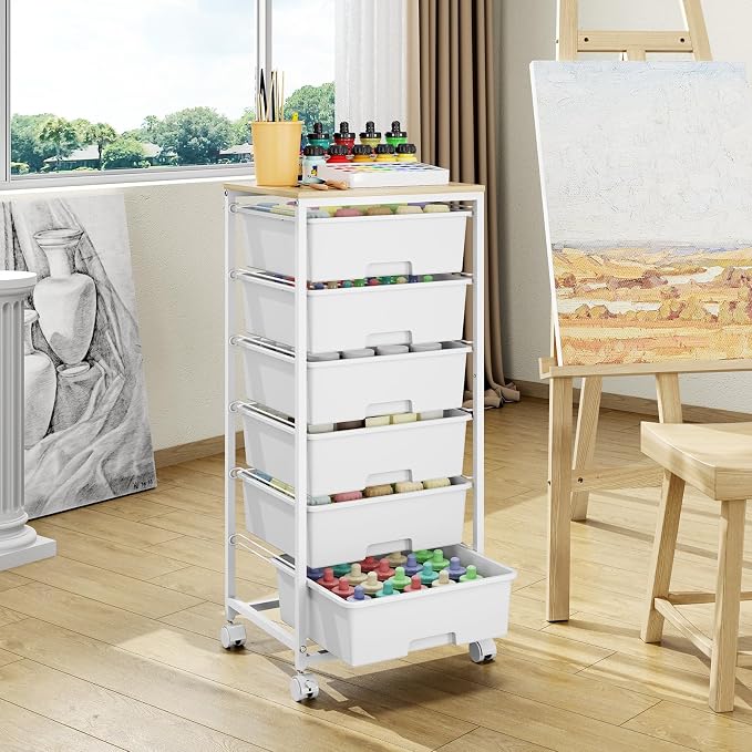 6 Drawer Rolling Storage Cart with Wooden Top and Wheels for Crafts,White | Easy Setup, Large Capacity, Sturdy Build, Lockable Mobility, For office, classroom and art studio supplies