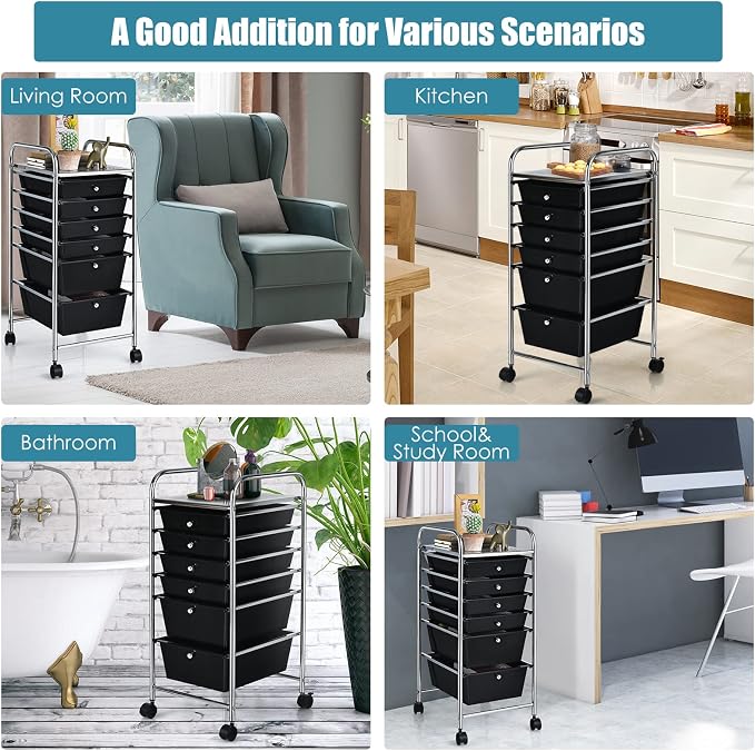 GOFLAME 6-Drawer Rolling Storage Cart, Multifunctional Art Craft Organizer, Mobile Utility Storage with Removable Drawers & Lockable Wheels, Craft Cart for Home Office, School, Black
